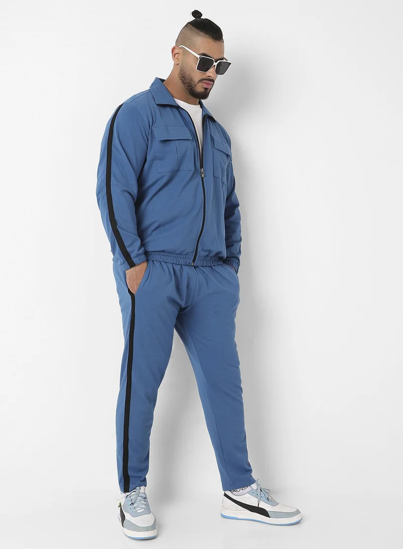 Instafab Plus Instafab Plus Men's Azure Blue Zip-Front Tracksuit Set With Flap Pocket For Casual Wear | Point Collar | Long Sleeve | Zipper Closure | Tracksuit Set Crafted With Comfort Fit For Everyday Wear