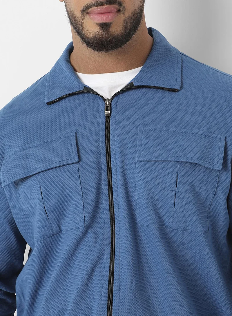 Instafab Plus Instafab Plus Men's Azure Blue Zip-Front Tracksuit Set With Flap Pocket For Casual Wear | Point Collar | Long Sleeve | Zipper Closure | Tracksuit Set Crafted With Comfort Fit For Everyday Wear