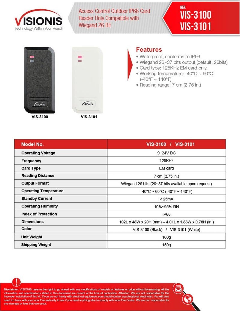 FPC-6440 VIS-3101 Access Control White Outdoor IP66 Card Reader Only Compatible with Wiegand 26 Bit with Power Supply and a Pack of 10 Proximity Key Tags Included