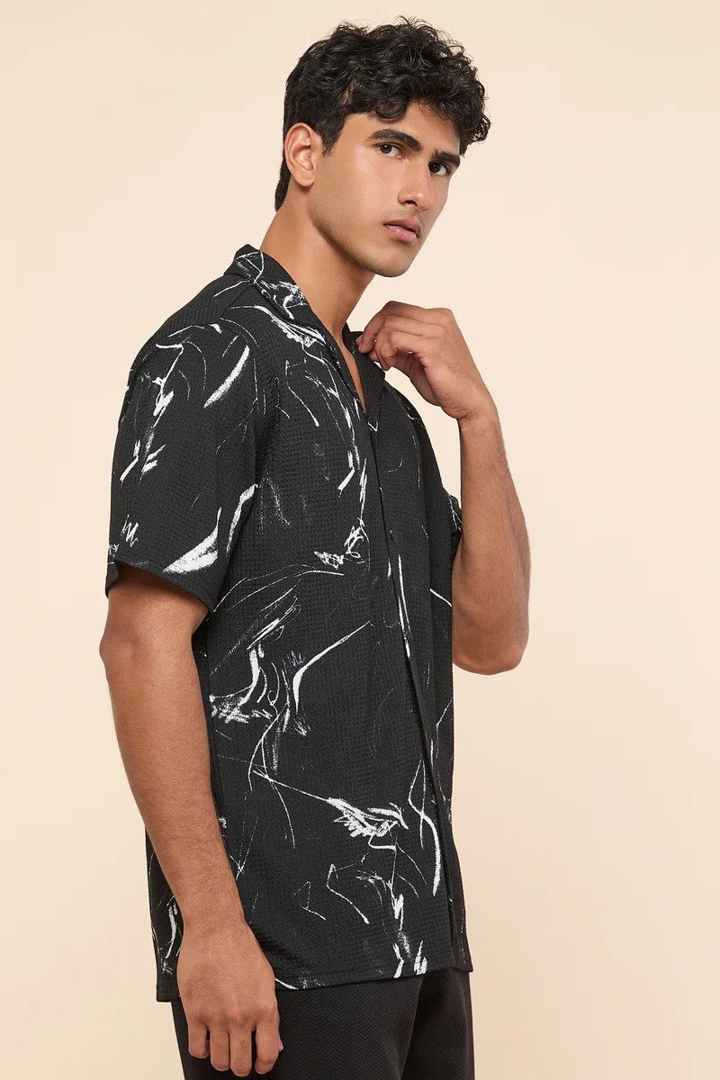 أر أند بي Patterned Shirt with Reverse Collar and Short Sleeves