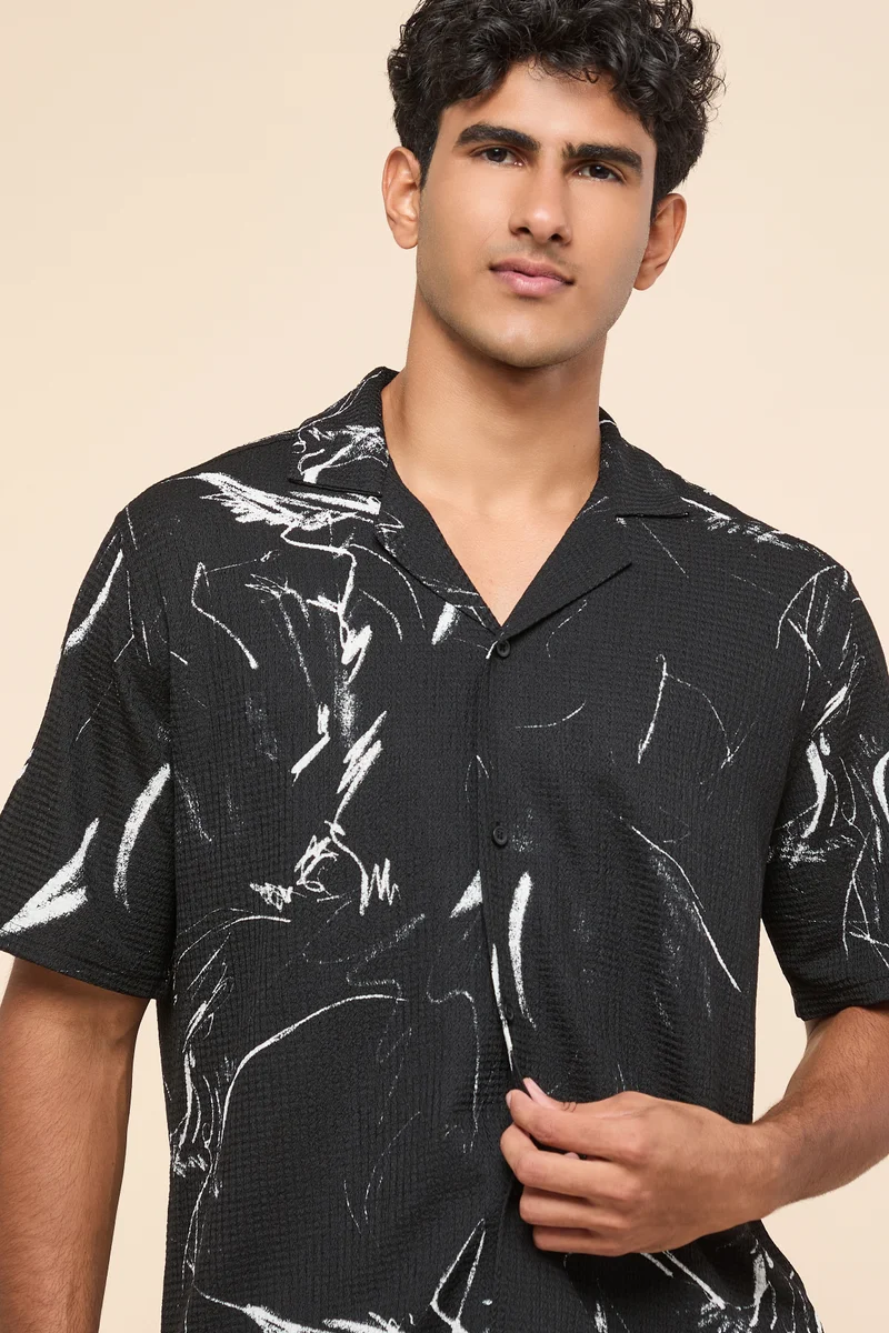 أر أند بي Patterned Shirt with Reverse Collar and Short Sleeves