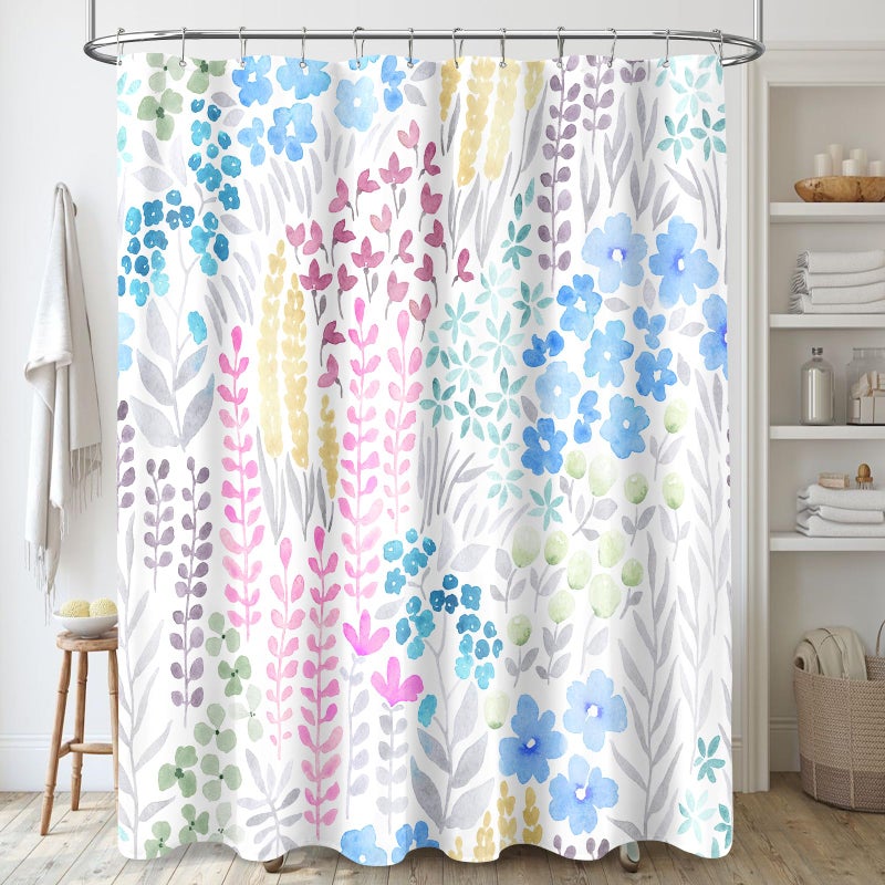MAYZUS Blue Floral Shower Curtain  Pink Yellow Boho Flower Fabric Shower Curtain  Cute Funky Watercolor Wildflower Shower Curtain Set  Cottagecore Bohemian Bathroom Decor  72x72 - Image 1