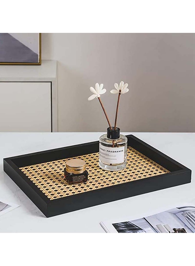 Rectangle Serving Tray with Imitated Rattan, Basket Serving Tray with Black Wooden Frame for Coffee, Breakfast, Food, Drink, Make Up  Decorative Trays 32 x 23 x 2 cm - Image 1