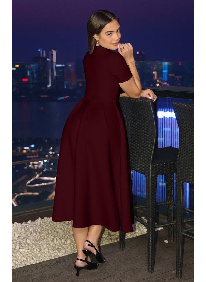 Memoriesea Women's Elegant Casual Short Sleeve Work Party A-Line Dress with Pockets, Burgundy, XL - Image 3