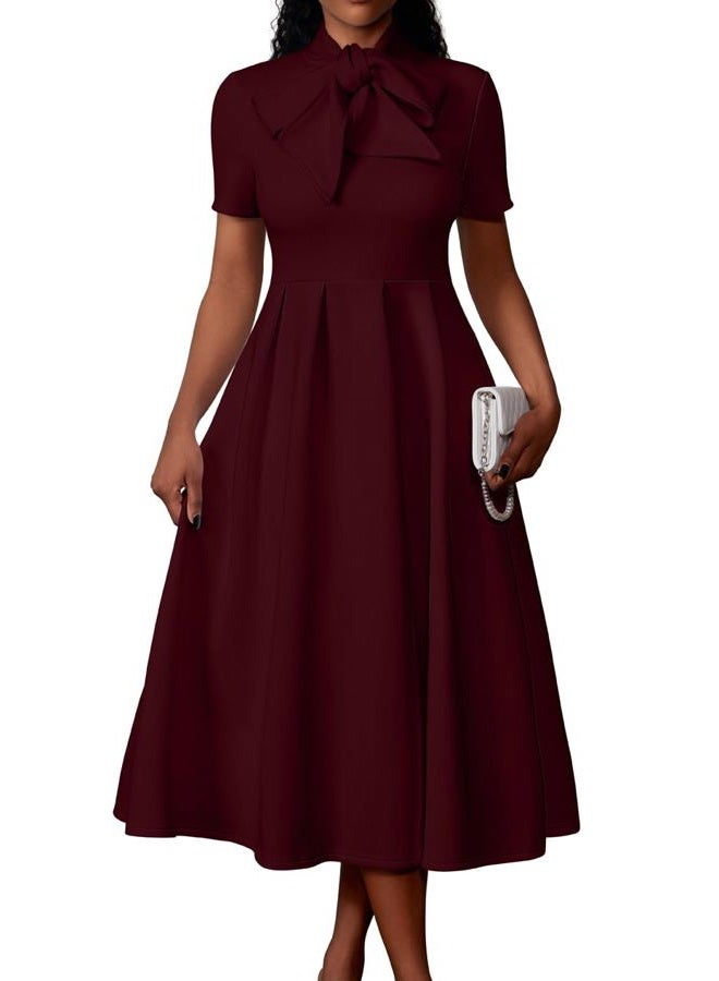 Memoriesea Women's Elegant Casual Short Sleeve Work Party A-Line Dress with Pockets, Burgundy, XL - Image 1