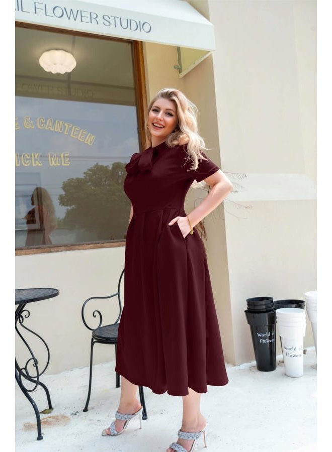 Memoriesea Women's Elegant Casual Short Sleeve Work Party A-Line Dress with Pockets, Burgundy, XL - Image 4