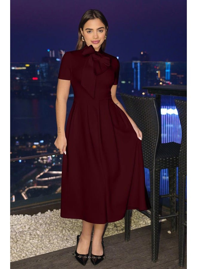 Memoriesea Women's Elegant Casual Short Sleeve Work Party A-Line Dress with Pockets, Burgundy, XL - Image 2