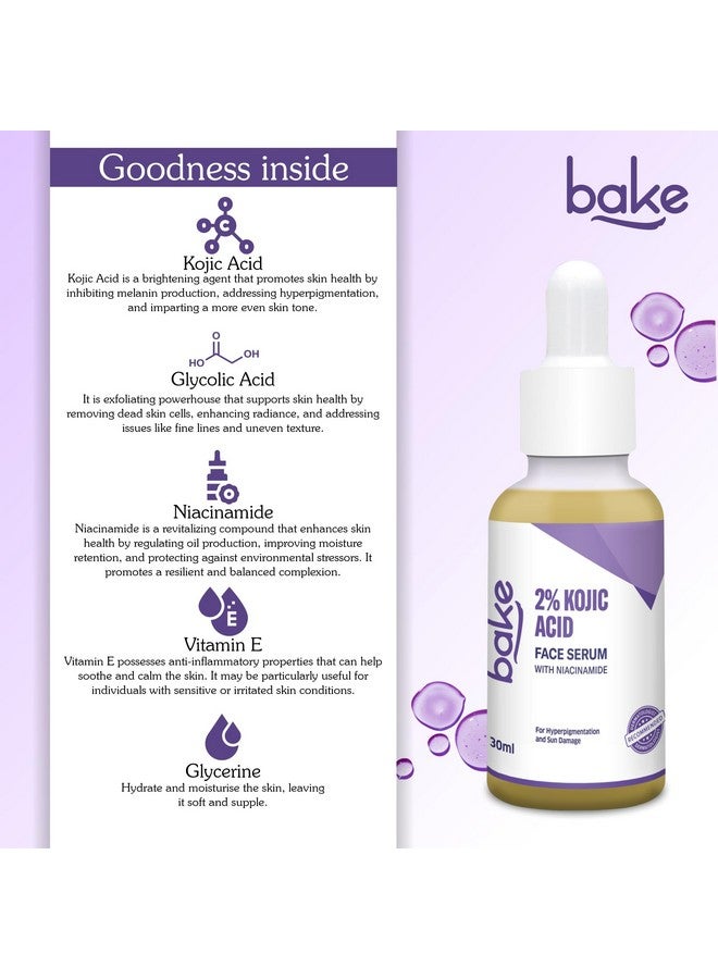 BAKE 2% Kojic Acid Face Serum with 5% Niacinamide & 2% Glycolic Acid for Pigmentation & Dark Spots | For Dark Circles, Tan Removal & Sun Damaged Skin | Skin Brightening & Glowing | 30ml - Image 4