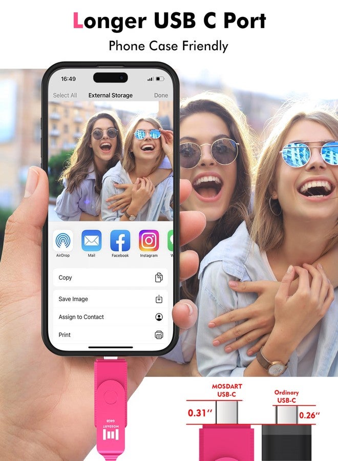 MOSDART 64GB USB3.1 Fast Speed C and A Dual Flash Drive, exFAT Memory Stick with Keychain and LED Indicator, for iPhone 15 and 16, Android Phone, iPad, MacBook, and Other Laptops, Hot Pink - Image 4