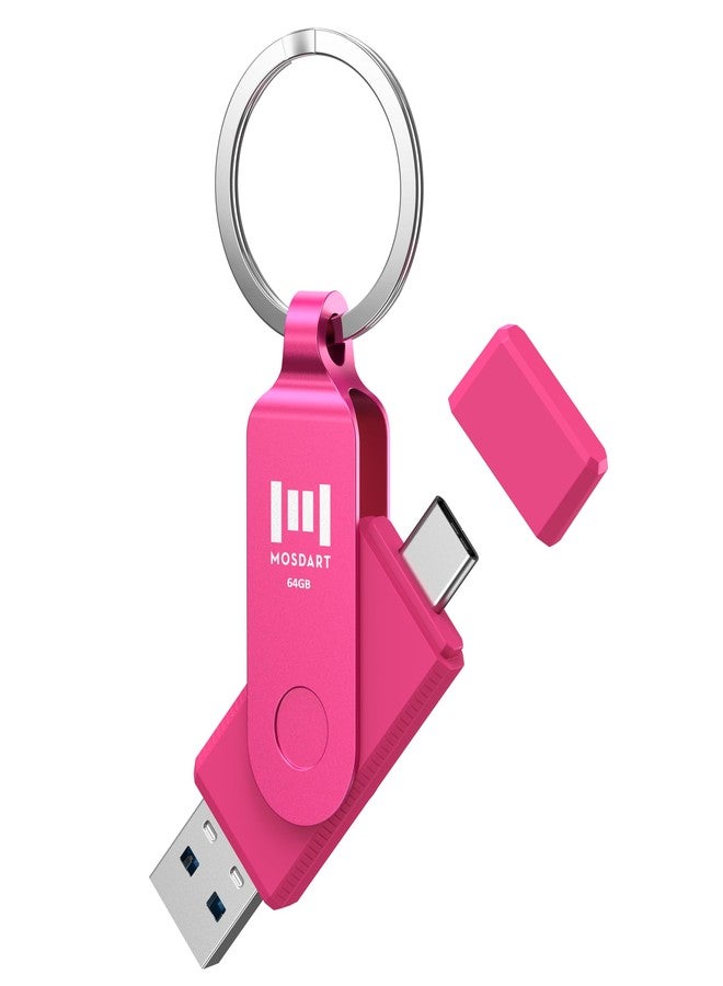 MOSDART 64GB USB3.1 Fast Speed C and A Dual Flash Drive, exFAT Memory Stick with Keychain and LED Indicator, for iPhone 15 and 16, Android Phone, iPad, MacBook, and Other Laptops, Hot Pink - Image 1