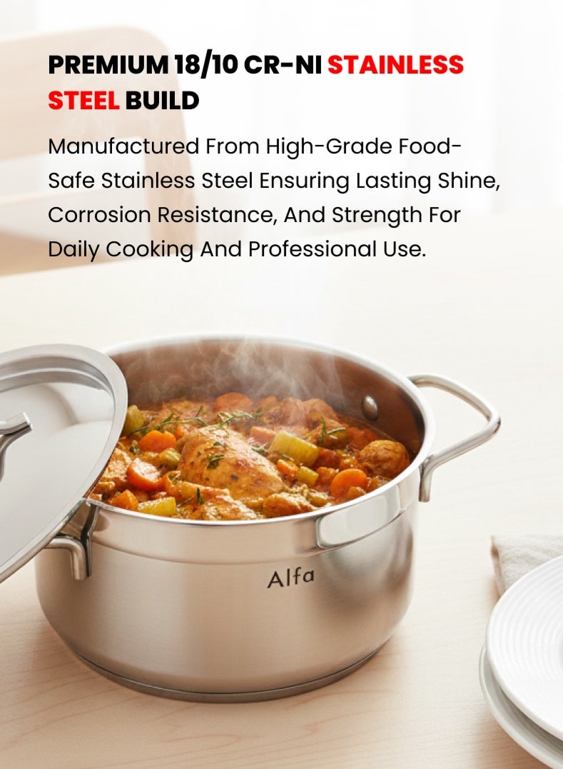 ALFA Stainless Steel Casserole 32 cm | 14.8 L Capacity | 18/10 Food‑Grade Steel | Triplex Capsule Bottom | Induction & Gas Compatible | With Lid - Image 2