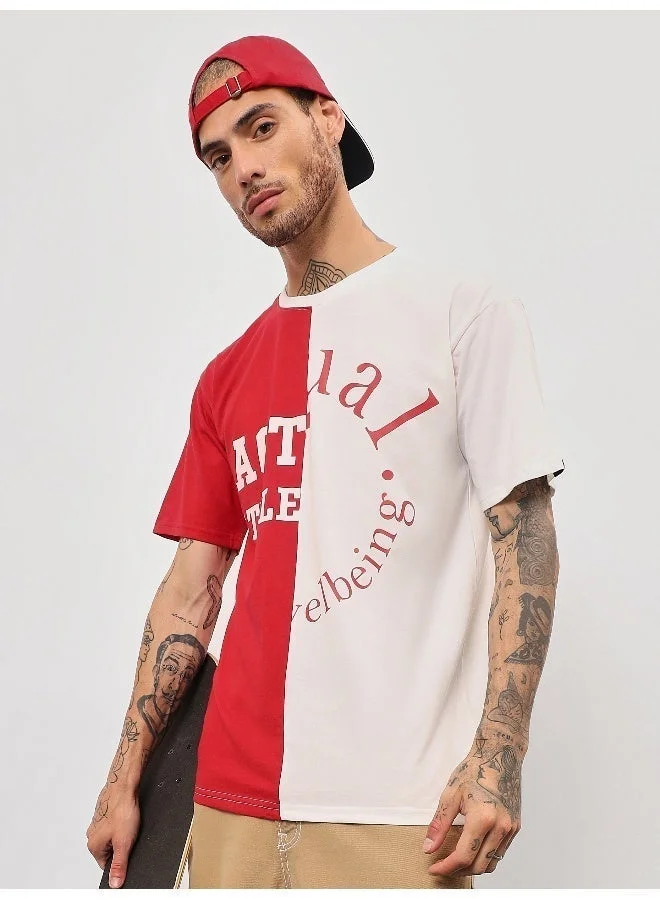 بيونغ تيشيرت أوفر سايز رجالي بألوان متضاربة أحمر وأبيض