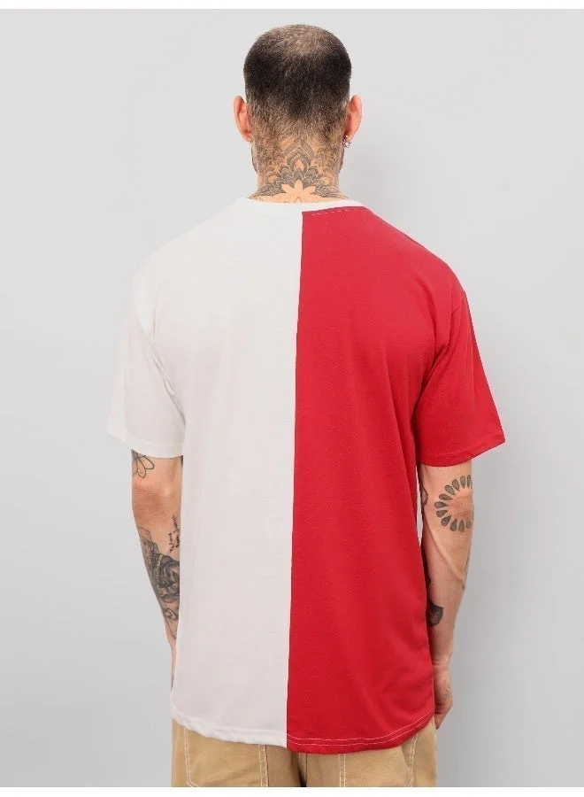 Beyoung Red-White Color Block Oversized T-shirt for Men