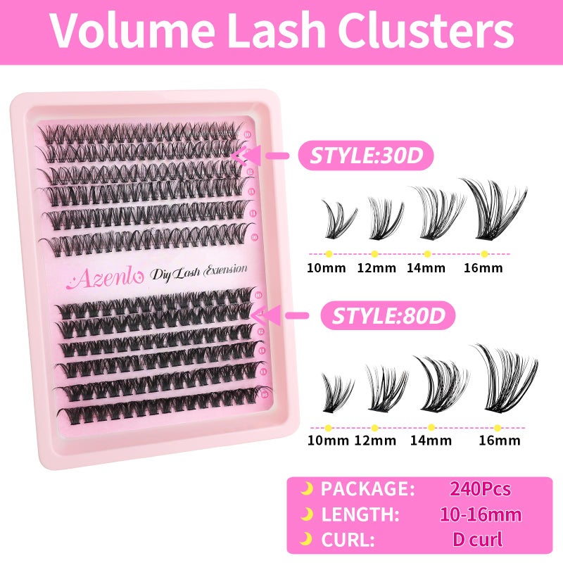 Azenlo Lash Extensions Cluster DIY Lashes 240pcs 30D 80D 10-16mm Eyelash Clusters Individual Lashes Lash Kit Think Band Lash Kit(30D+80D KIT) - Image 4