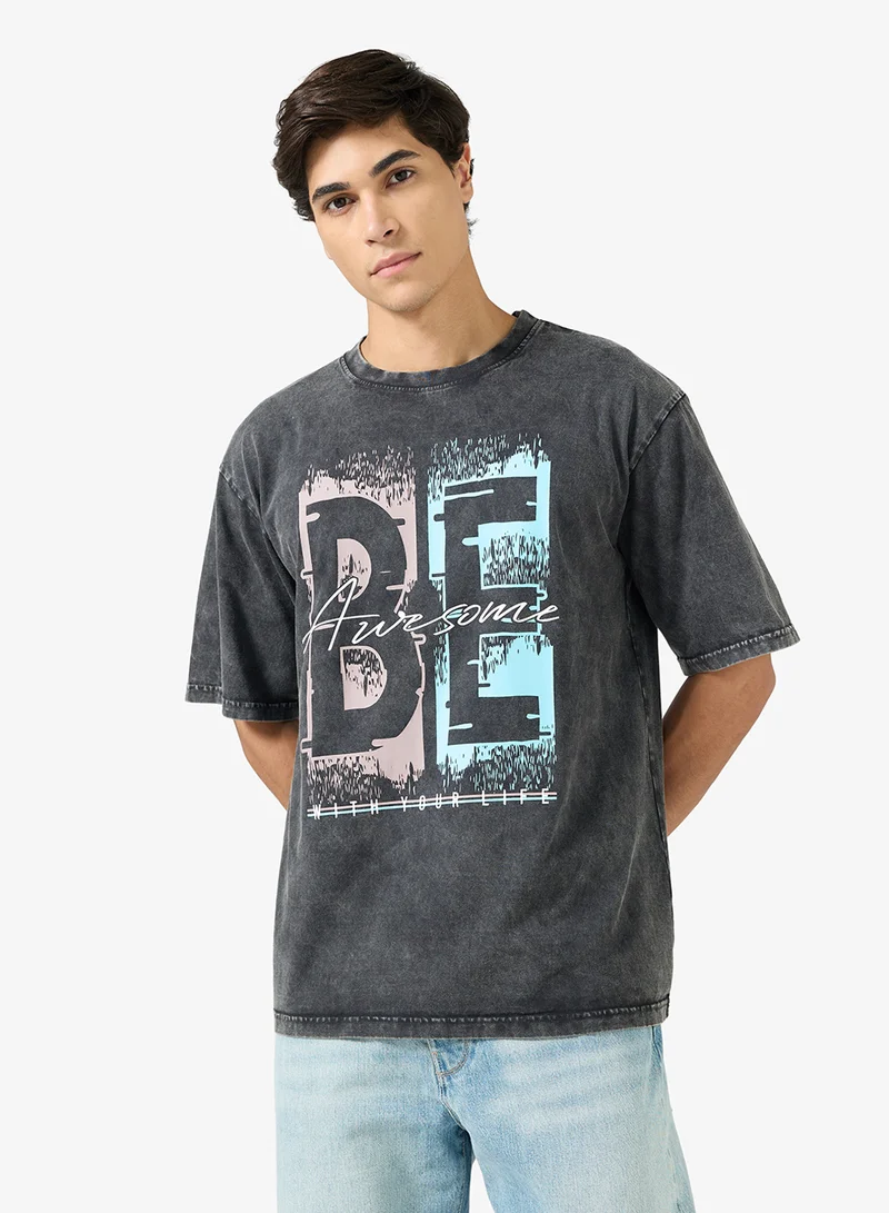 Seventy Five Acid Wash Graphic Print Oversized T-Shirt
