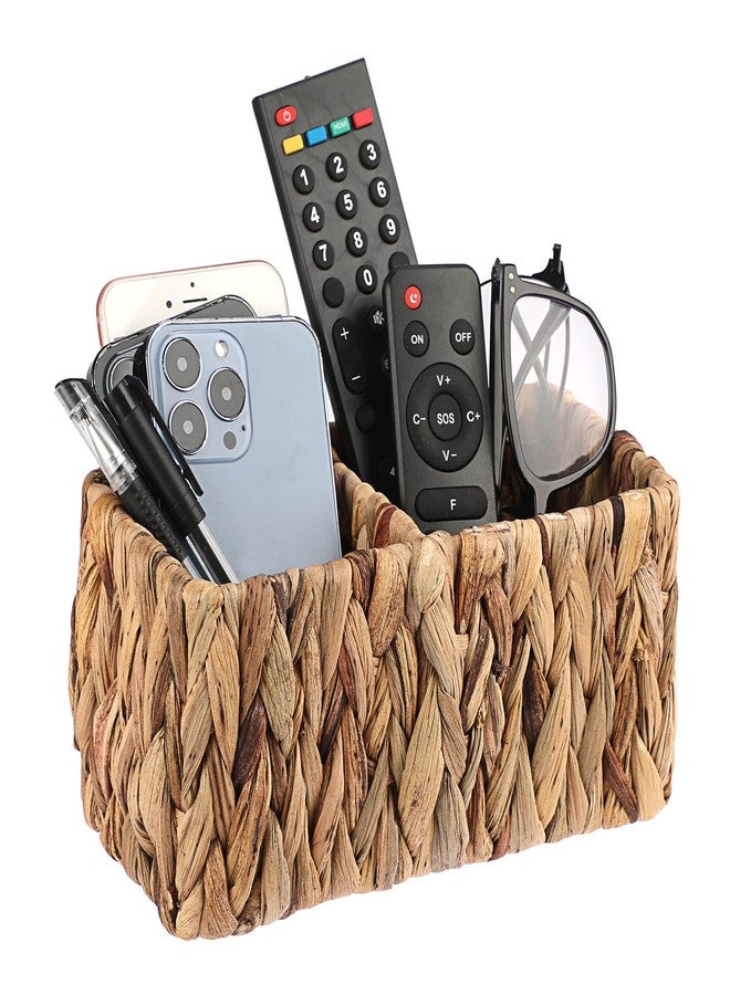 بي تي سكاي حامل جهاز تحكم عن بعد منسوج يدويًا من BTSKY للطاولة، منظم جهاز تحكم عن بعد من زهرة النيل الطبيعية، سلة تخزين صغيرة من الخوص، منظم مكتب ذو قسمين، حامل فرش مكياج ريفي - Image 1