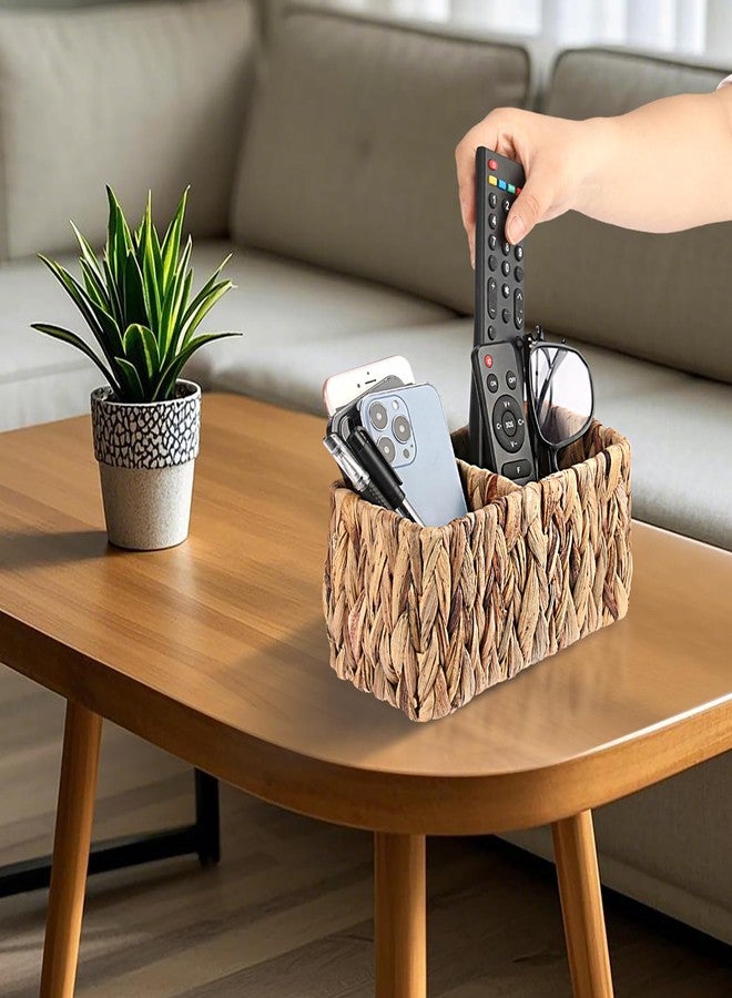 بي تي سكاي حامل جهاز تحكم عن بعد منسوج يدويًا من BTSKY للطاولة، منظم جهاز تحكم عن بعد من زهرة النيل الطبيعية، سلة تخزين صغيرة من الخوص، منظم مكتب ذو قسمين، حامل فرش مكياج ريفي - Image 2