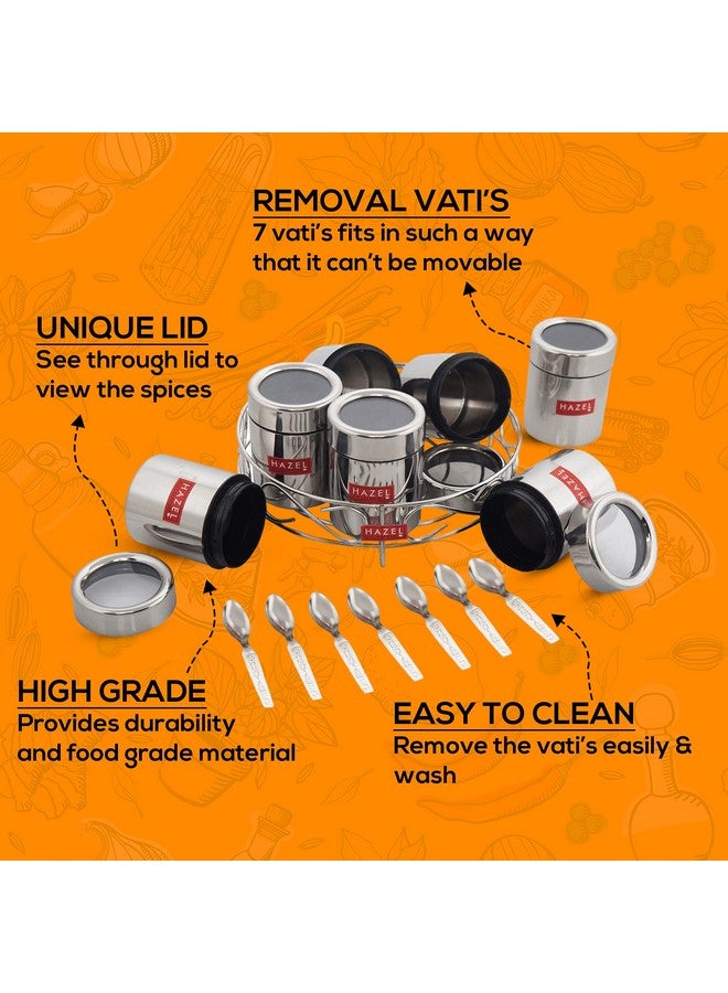 HAZEL Stainless Steel Masala Container | Masala Boxes for Kitchen with 7 Spoons | Small Container for Spices | Air Tight Silver Color Box with Glossy Finish, Set of 7 - Image 3