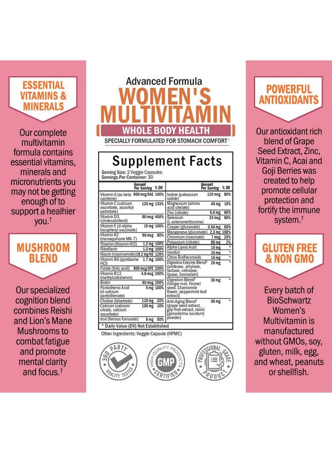 BioSchwartz فيتامينات متعددة للنساء مع فيتامين د3 - فيتامينات متعددة لصحة العظام والثدي والبشرة والمفاصل والطاقة - فيتامينات لدعم المناعة - تعزيز النظام المناعي والدفاع الطبيعي المناعي - مكمل دعم المفاصل - 60 حبة - Image 4