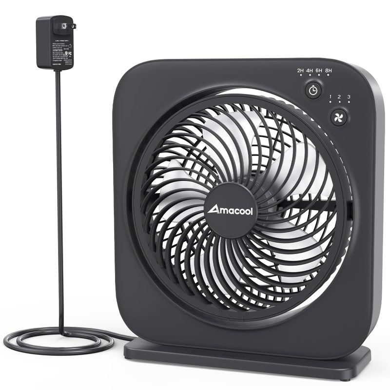 AMACOOL Table Fan, 12 inch Box Fan with 3 Speeds & 8HRS Timer, 270Â° Pivoting Quiet Air Circulator, Desktop Fan for Bedroom Bathroom Kitchen Office, AC Adapter Included, Co-Branded with Cmyfato-Black - Image 1