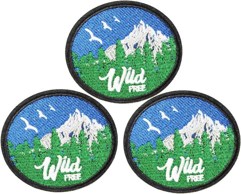 U-Sky Sew or Iron on Embroidered Patches | Mountain Landscape with Snow Peaks Forest Birds Wild Free Text | Outdoor Adventure Design | Nature Lovers Hikers | Jackets Backpacks Hats | 3x2.7inch 3PCs - Image 1