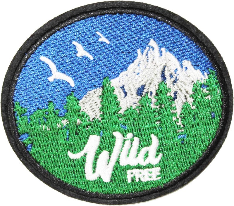 U-Sky Sew or Iron on Embroidered Patches | Mountain Landscape with Snow Peaks Forest Birds Wild Free Text | Outdoor Adventure Design | Nature Lovers Hikers | Jackets Backpacks Hats | 3x2.7inch 3PCs - Image 2
