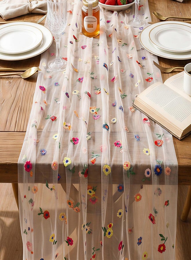 SoarDream Champagne Table Runner Gauze Boho Table Runners 10FT 1PC Sheer Embroidery Daisy Fabric for Wedding Party Floral Table Decor - Image 1