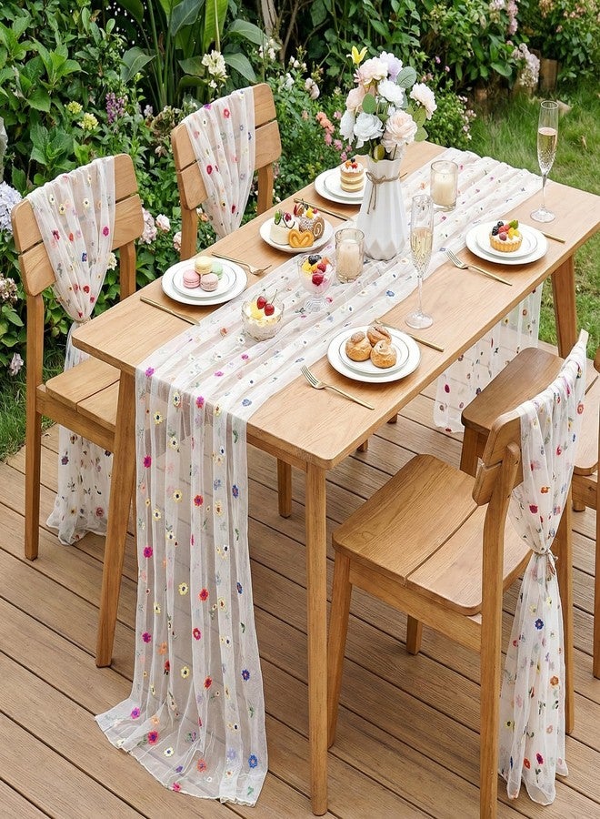 SoarDream Champagne Table Runner Gauze Boho Table Runners 10FT 1PC Sheer Embroidery Daisy Fabric for Wedding Party Floral Table Decor - Image 3