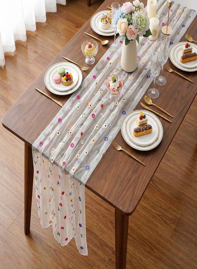 SoarDream Champagne Table Runner Gauze Boho Table Runners 10FT 1PC Sheer Embroidery Daisy Fabric for Wedding Party Floral Table Decor - Image 2