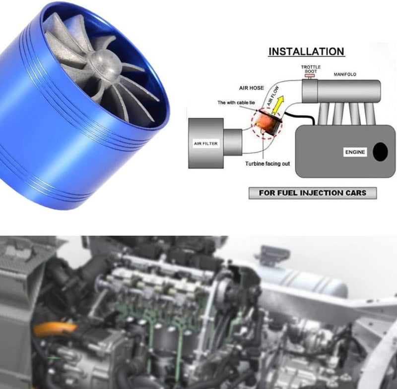 woobles Car Air Intake Turbonator Single Fan Turbine Super Charger Gas Fuel Saver Turbo 64mm(Blue) Blue - Image 4