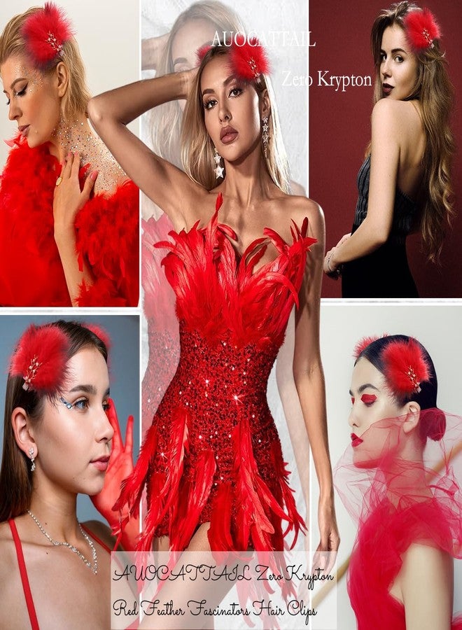 AUOCATTAIL 2 Pcs Feather Hair Clips Artificial Swan Ostrich Feather Pearl Fluffy Plush Hair Barrettes Ballet Style Hair Pins Accessories for Women Bride Wedding Valentine Stage Performance Headpiece (Red) - Image 4