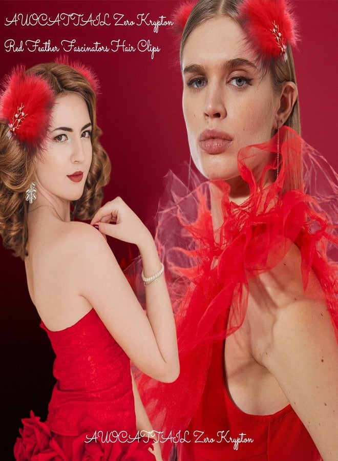 AUOCATTAIL 2 Pcs Feather Hair Clips Artificial Swan Ostrich Feather Pearl Fluffy Plush Hair Barrettes Ballet Style Hair Pins Accessories for Women Bride Wedding Valentine Stage Performance Headpiece (Red) - Image 3
