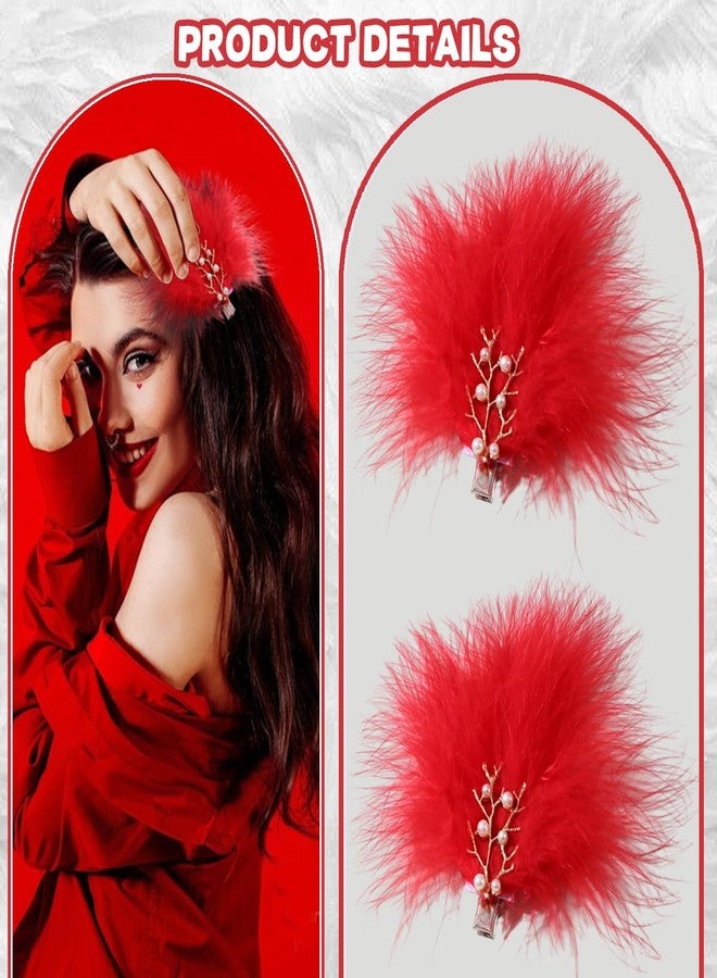 AUOCATTAIL 2 Pcs Feather Hair Clips Artificial Swan Ostrich Feather Pearl Fluffy Plush Hair Barrettes Ballet Style Hair Pins Accessories for Women Bride Wedding Valentine Stage Performance Headpiece (Red) - Image 2