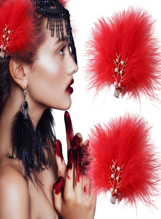 AUOCATTAIL 2 Pcs Feather Hair Clips Artificial Swan Ostrich Feather Pearl Fluffy Plush Hair Barrettes Ballet Style Hair Pins Accessories for Women Bride Wedding Valentine Stage Performance Headpiece (Red) - Image 1