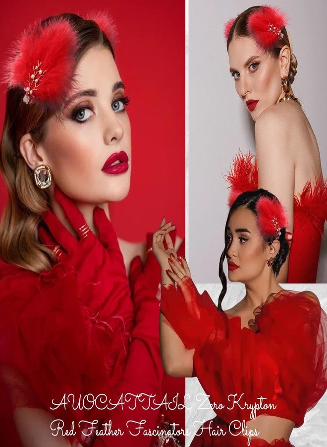 AUOCATTAIL 2 Pcs Feather Hair Clips Artificial Swan Ostrich Feather Pearl Fluffy Plush Hair Barrettes Ballet Style Hair Pins Accessories for Women Bride Wedding Valentine Stage Performance Headpiece (Red) - Image 5