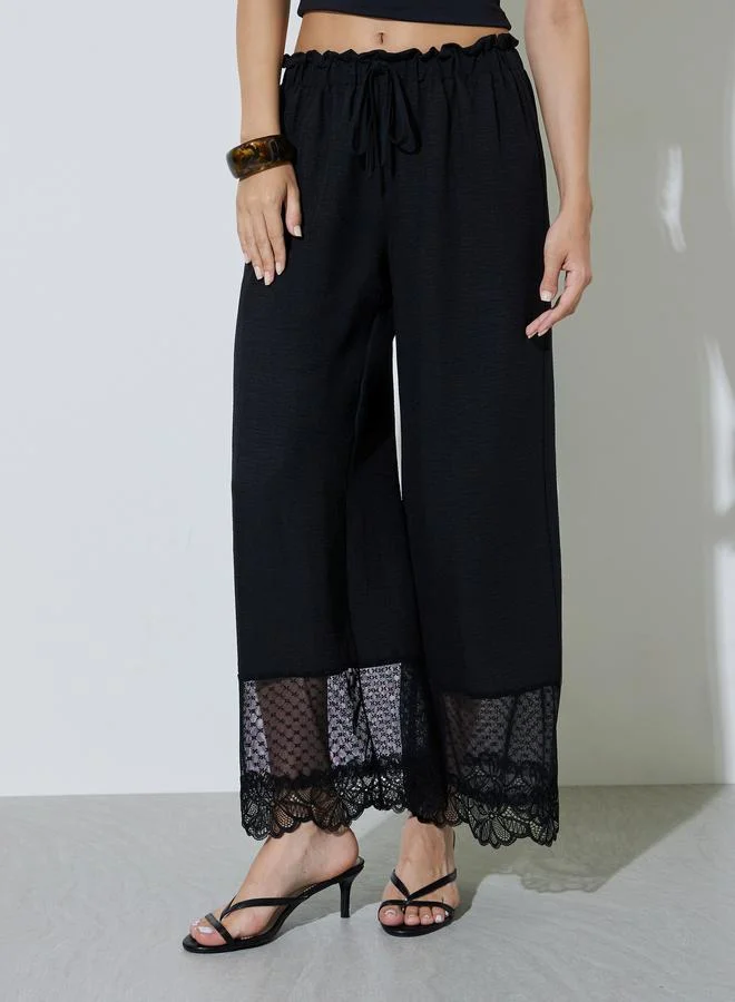 تايك تو Black Wide Leg Pants With Lace Trim