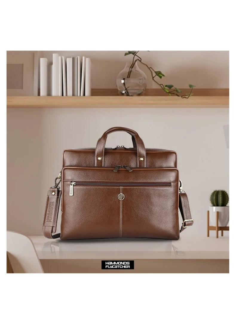 HAMMONDS FLYCATCHER Leather Office Bag for Men, Stylish 15.6 Inch Laptop Bag for Men with Multiple Compartments, this Leather Bag for Men has Adjustable Strap | Brushwood | 34FP