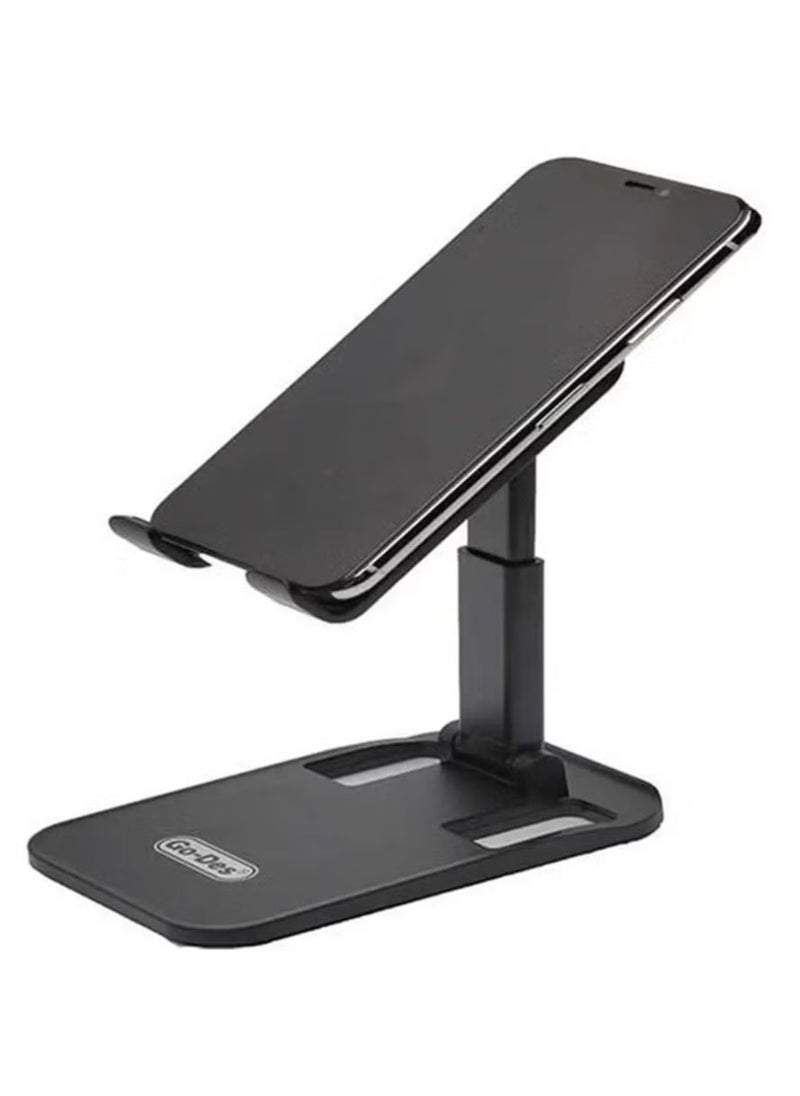 GO-DES - Premium Foldable Desktop Phone & Tablet Holder – Dual-Level Adjustable Aluminum Stand with 360° Rotating Head, Anti-Slip Silicone Base, and Device Gripper Pads – Supports Smartphones & Tablets Up to 13” – Sleek, Portable & Ideal for Desk, Home, or Office Use - Image 1
