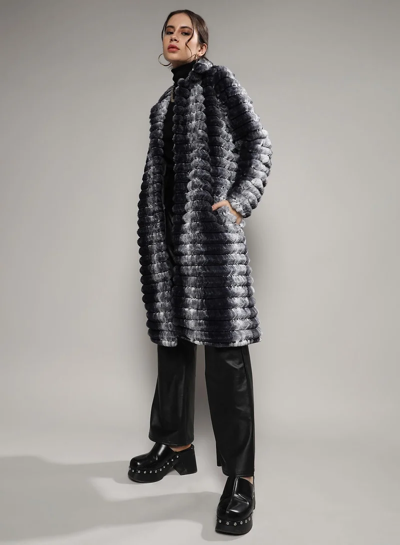 Campus Sutra Women's Ivory White & Carbon Black Ombre Ripple Long Coat