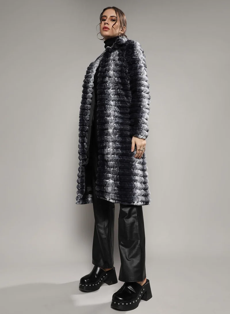 Campus Sutra Women's Ivory White & Carbon Black Ombre Ripple Long Coat