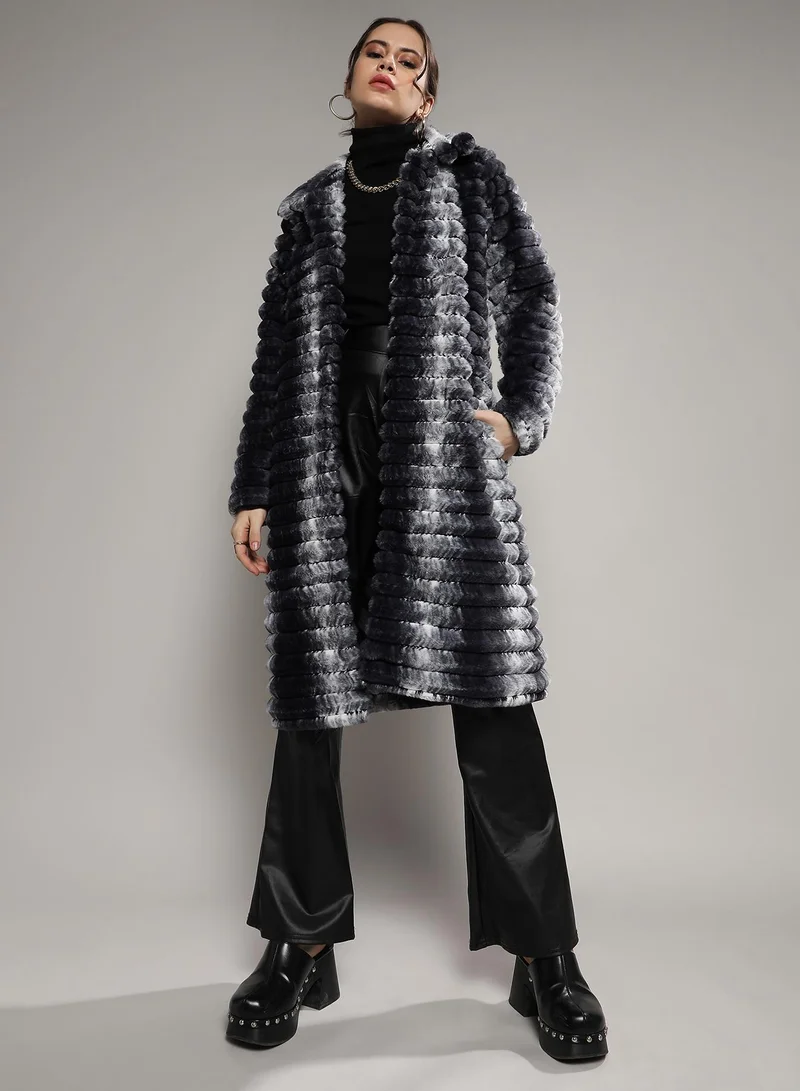 Campus Sutra Women's Ivory White & Carbon Black Ombre Ripple Long Coat