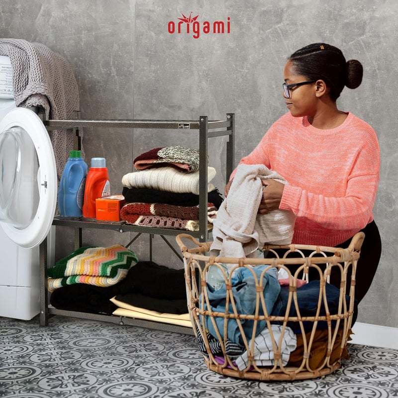 أوريجامي وحدة تخزين أوريغامي قابلة للطي بثلاثة أرفف على عجلات دوارة مقاس 3 بوصات، تُفتح في 5 ثوانٍ، تتحمل حتى 750 رطلاً، رف سلكي معدني منظم، مقاس 29 × 13 × 38 بوصة، ثقيل الوزن - بيوتر - Image 2