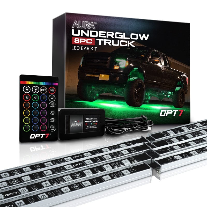 OPT7 Aura Aluminum Underglow LED Lighting Kit for Truck with Remote Control Exterior Neon Accent Underbody Light Bar RGB Multicolor Under Car Decorations Waterproof Soundsync Door Assist 12V