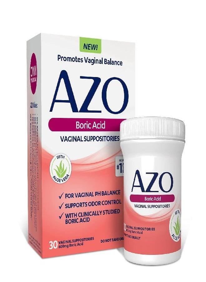 AZO AZO Boric Acid Vaginal Suppositories, Helps Support Odor Control and Balance Vaginal PH with Clinically Studied Boric Acid, Non-GMO, 30 Count  - Image 1