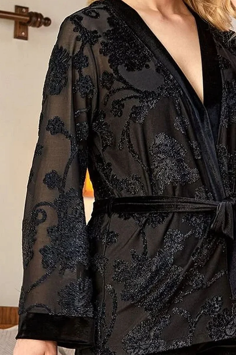 Cossy By Aqua 24121 Women's Velvet and Brode Detailed Pajama Set with Robe-Black
