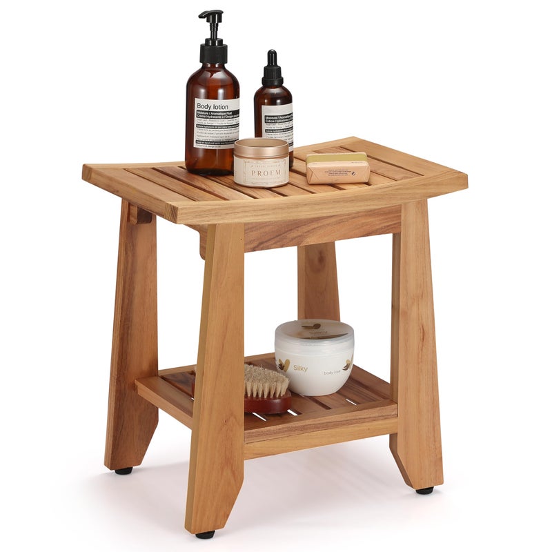 TEAKAURA Teak Shower Bench Stool 14 Compact Waterproof Wood Spa Bath Bench with Storage Shelf NonSlip Solid Teak Shower Seat Chair for Small Bathrooms Inside Shower and Outdoor Use