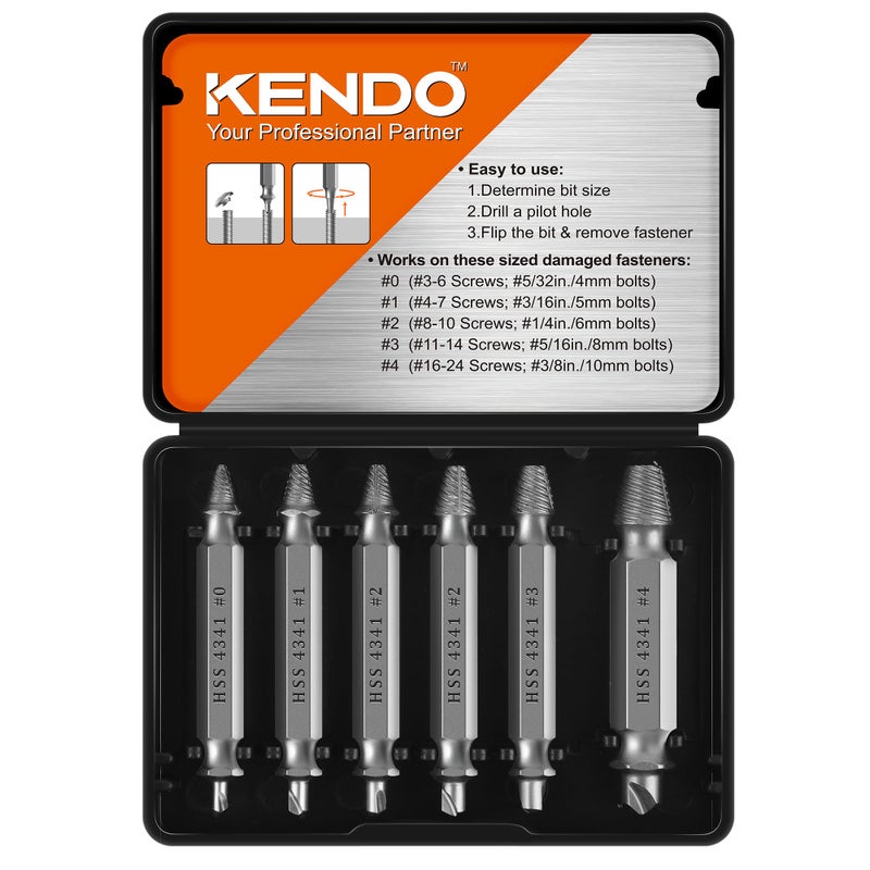 KENDO Damaged Screw Extractor Set - Remover for Stripped Screws Nuts & Bolts, Drill Bit Tools for Easy Removal of Rusty & Broken Hardware, 6PC HSS Drill Bit Bolt Extractor Kit, Superb Gifts for Men - Image 1