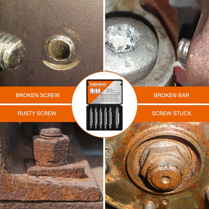 KENDO Damaged Screw Extractor Set - Remover for Stripped Screws Nuts & Bolts, Drill Bit Tools for Easy Removal of Rusty & Broken Hardware, 6PC HSS Drill Bit Bolt Extractor Kit, Superb Gifts for Men - Image 4