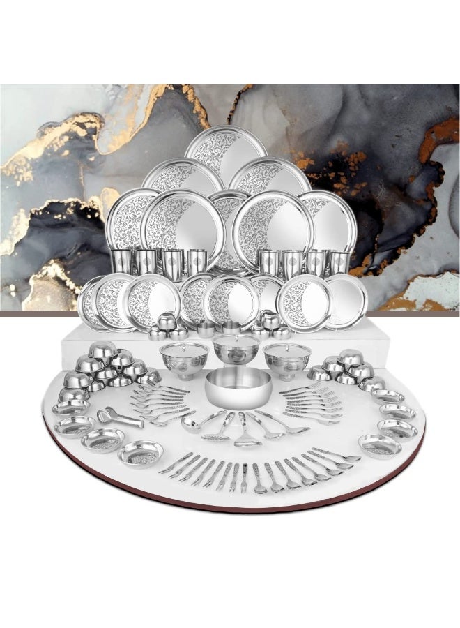 Shri & Sam Designer Stainless Steel Shagun Laser Bloom Floral Dinner Set, 101 Pieces - Image 1
