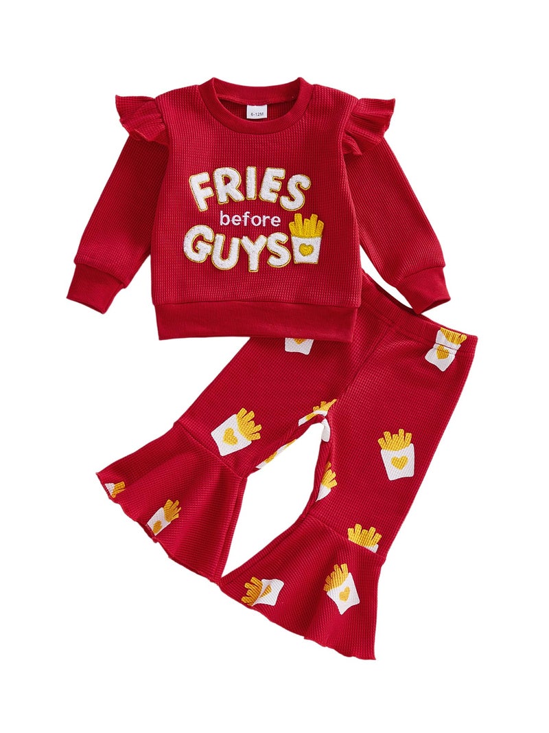 Socutebabe Toddler Baby Girl Valentines Day Outfit Fries Before Guys Sweatshirt Long Sleeve Pullover Flare Pants Cute Clothes (Fries Before Guys-Red, 6-12M) - Image 1